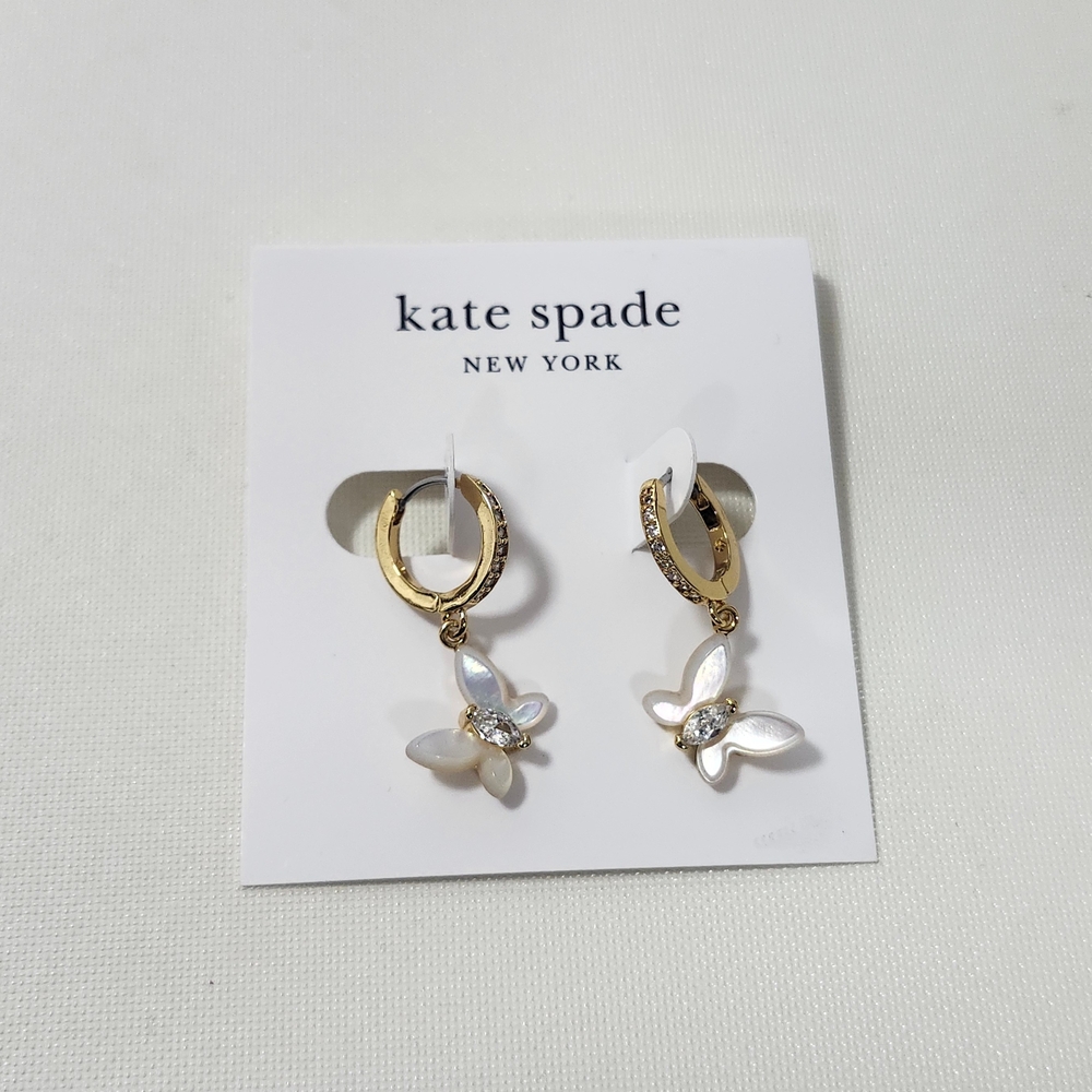 NWT Kate Spade Gold-Tone Mother/Pearl Butterfly Charm Huggie Hoop Earrings